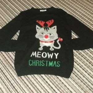 Silly Cute Funny Ugly Kitty Cat Meowy Christmas Holiday Sweater size M